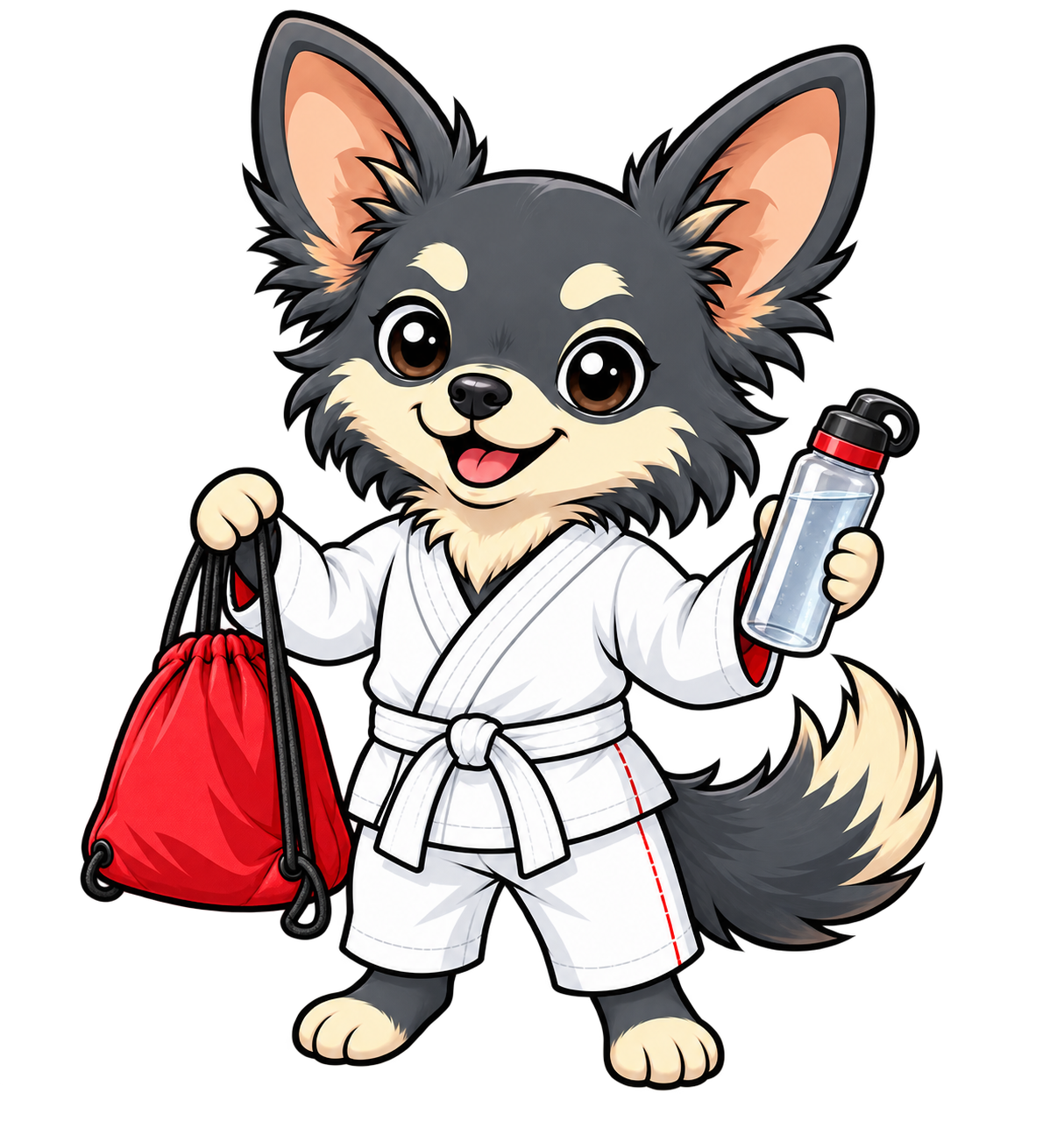 Maskotka ABCJudo z czerwoną torbą treningową i butelką wody